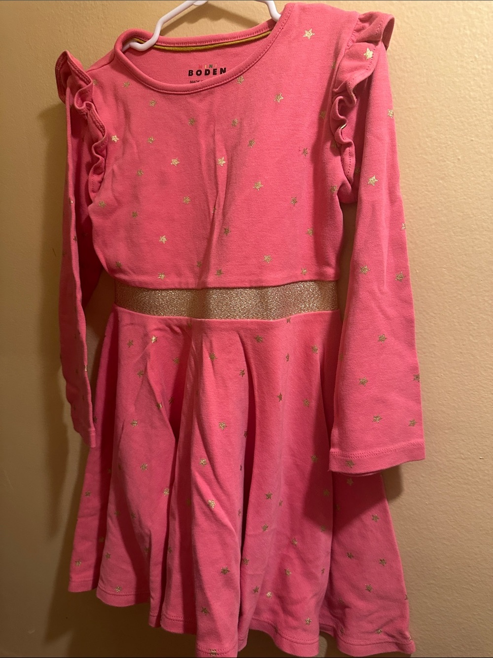 Boden Pink Dress with Gold Star Print and Metallic Waistband